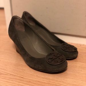 Tory Burch gray suede wedges